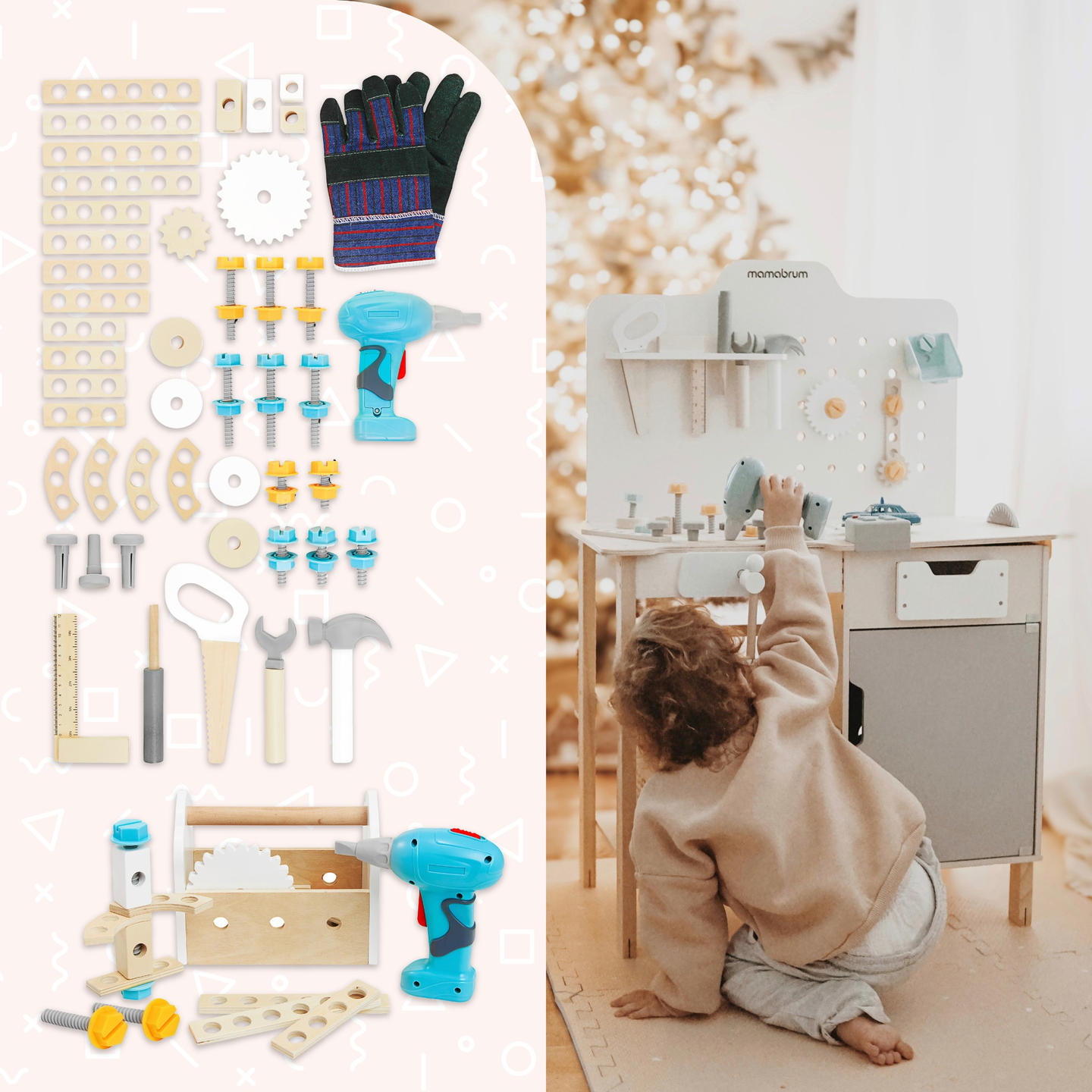 XXL Velika lesena delavnica z orodjem - set za domače mojstre, 74 elementov