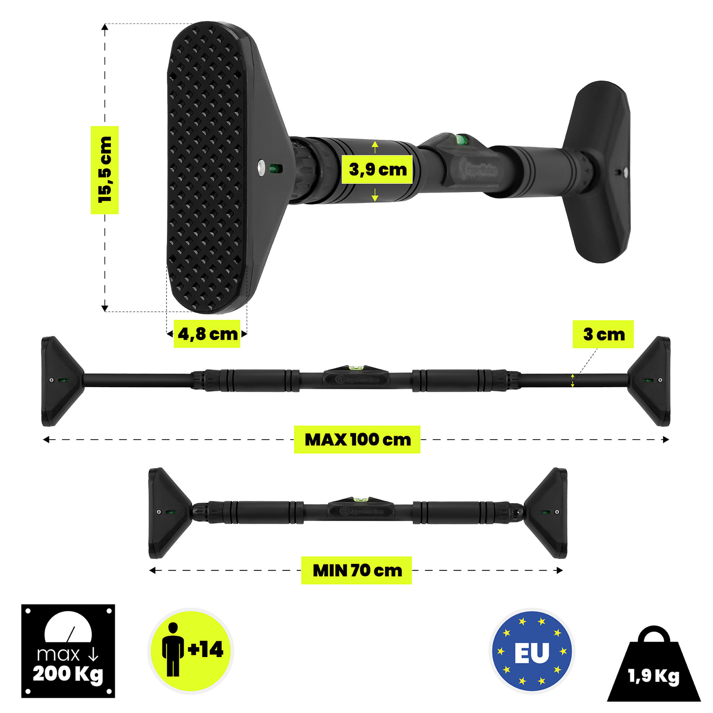 Nastavljiva palica za dvigovanje HyperMotion 70–100 cm, 200 kg, črna