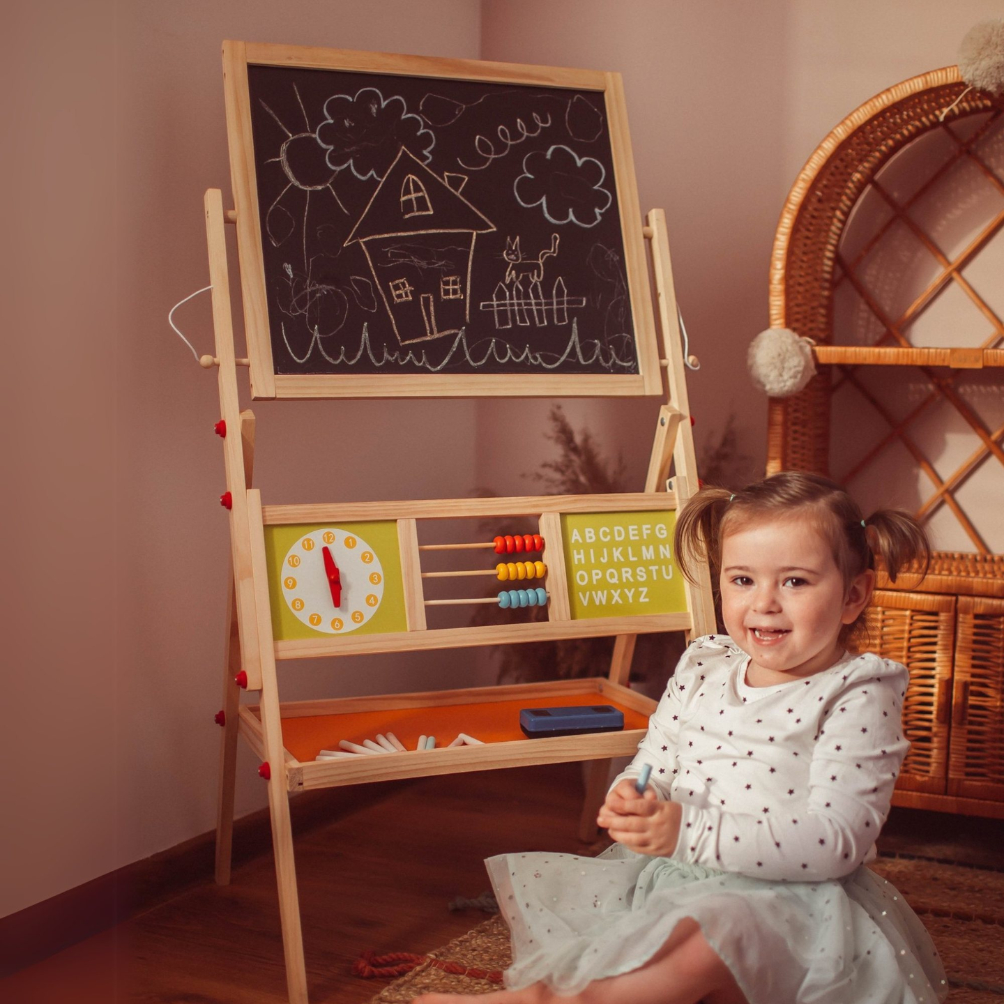 Velika izobraževalna dvostranska tabla: magnetna in kredna - tabla za brisanje na suho, lesena