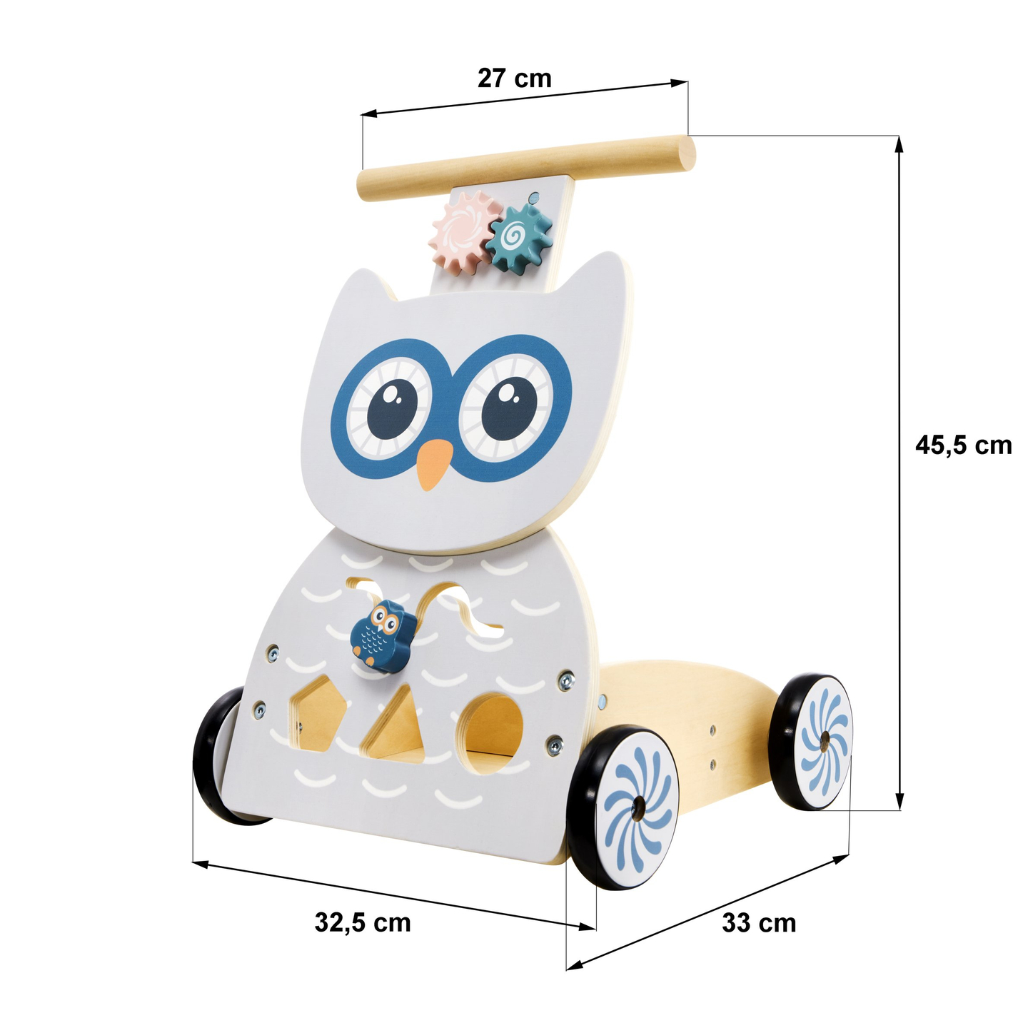Leseni večnamenski sprehajalnik - tlačilka - voziček z bloki - Sova