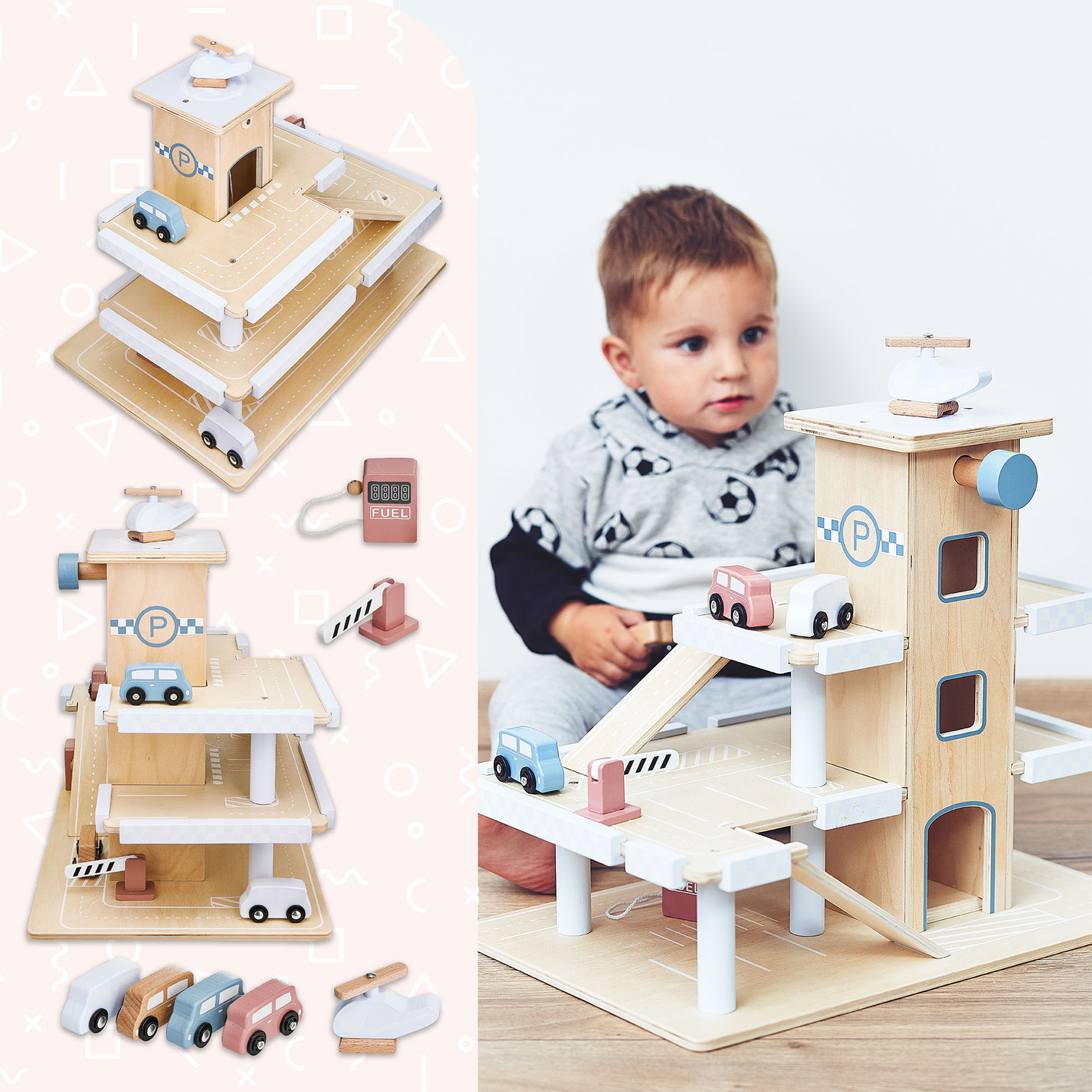 Leseno trinadstropno parkirišče z dvigalom - garaža za avtomobile in helikopter