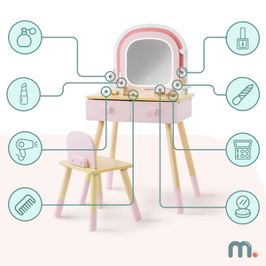 Lesena otroška toaletna mizica z LED osvetlitvijo z gladko nastavitvijo svetlosti, stolom in dodatki