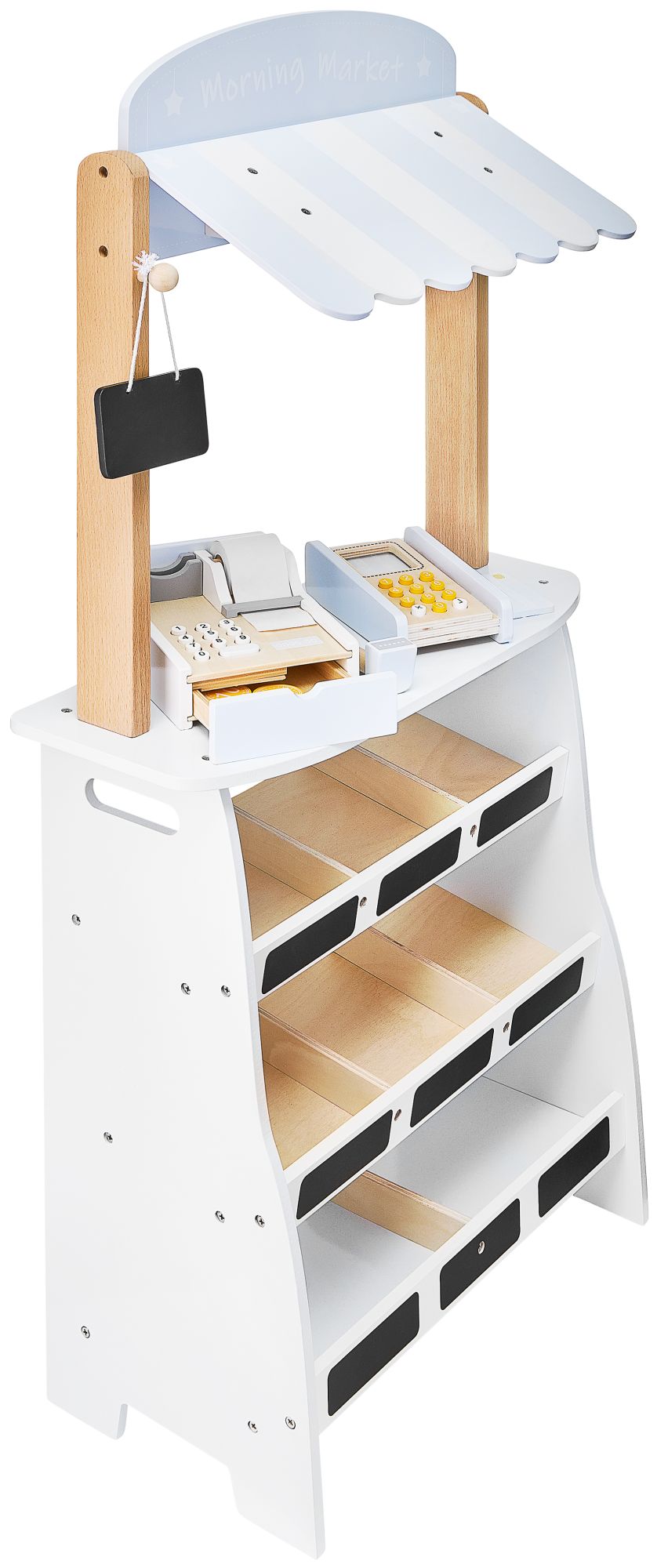 Trgovina z zelenjavo - lesena stojnica z zaboji, blagajno in terminalom