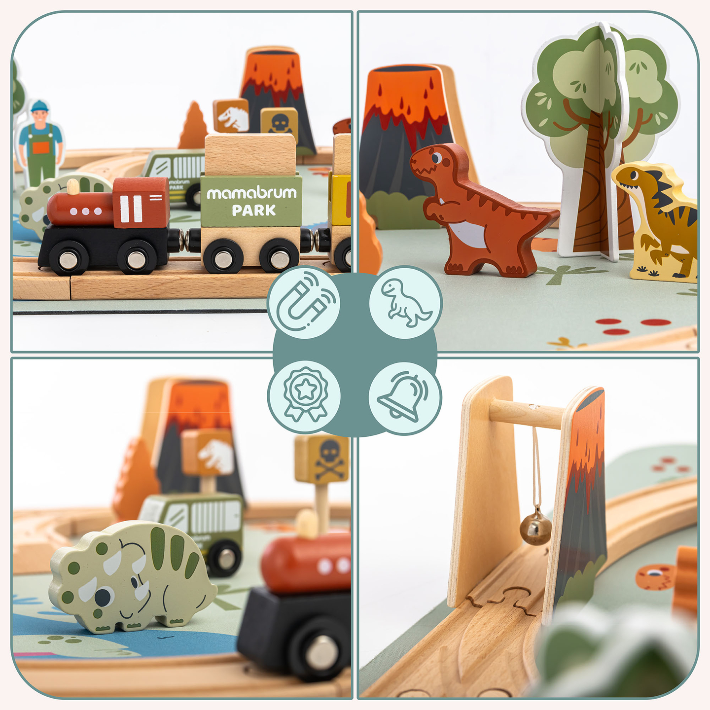 Lesen vlak Dino Park z nedrsečo podlogo - dinozavri, vlak, tiri, vulkan, zvonec