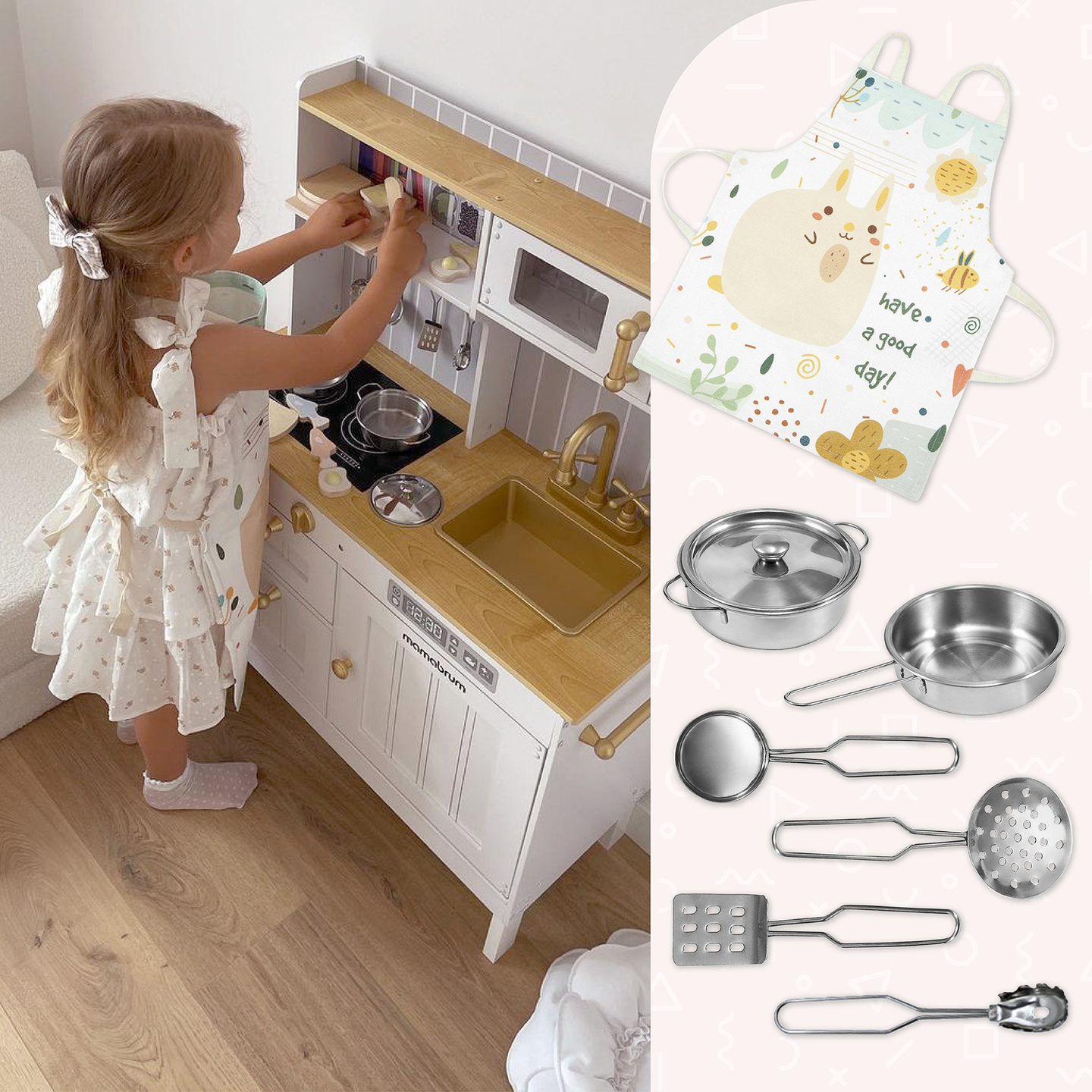 Lesena bela kuhinja z dodatki in predpasnikom