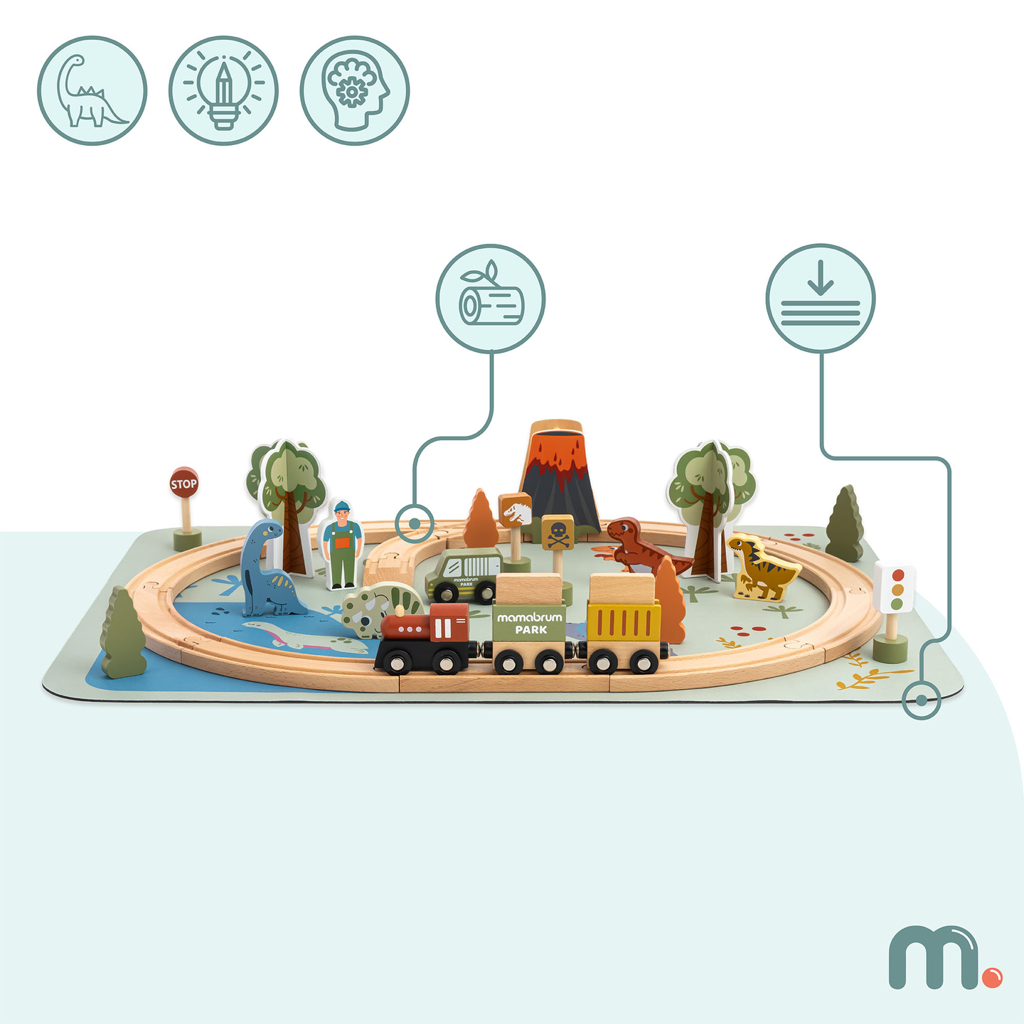 Lesen vlak Dino Park z nedrsečo podlogo - dinozavri, vlak, tiri, vulkan, zvonec