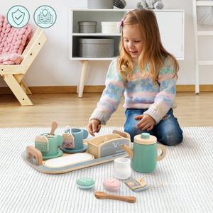 Velik lesen čajni set s pladnjem - 18 kosov