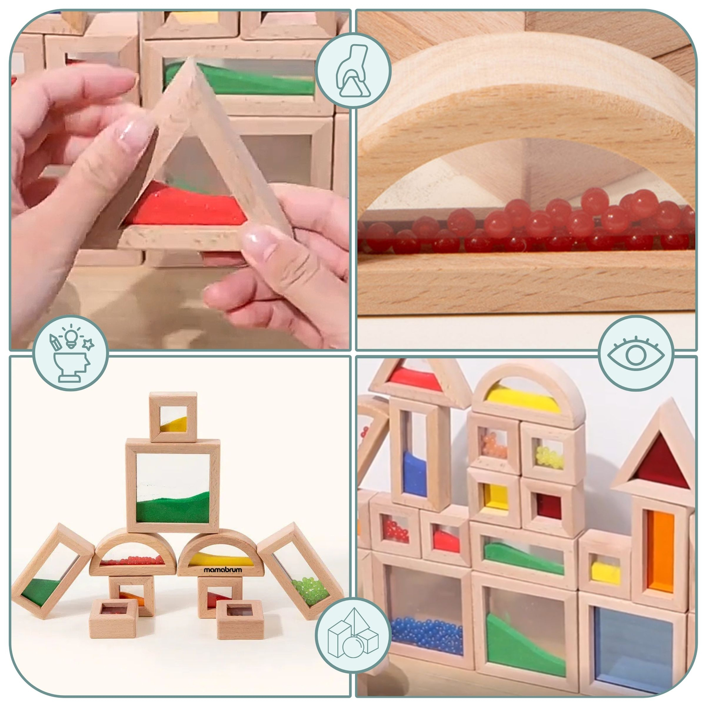 Komplet lesenih senzoričnih blokov z različnimi polnili - 15 kosov