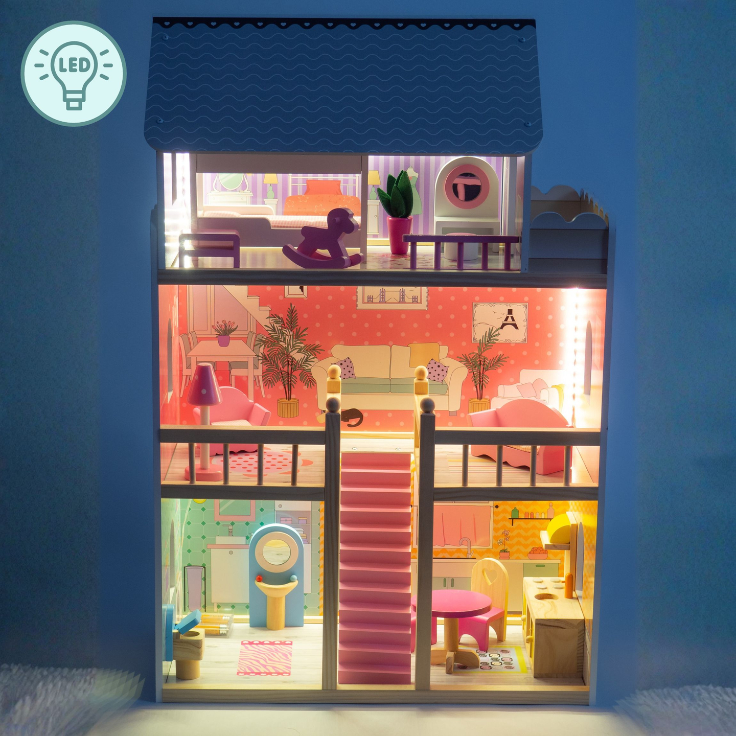 Velika lesena 3-nadstropna hiša za punčke s teraso, pohištvenim kompletom in LED osvetlitvijo!