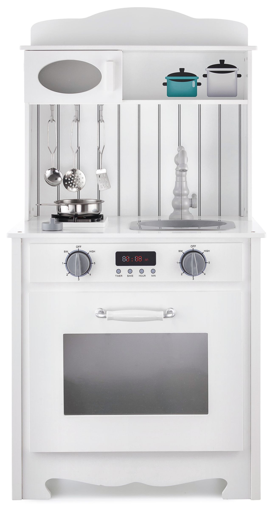 Bela lesena kuhinja s predpasnikom, dodatki in svetilko LED