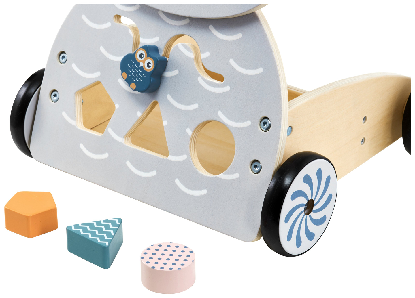 Leseni večnamenski sprehajalnik - tlačilka - voziček z bloki - Sova