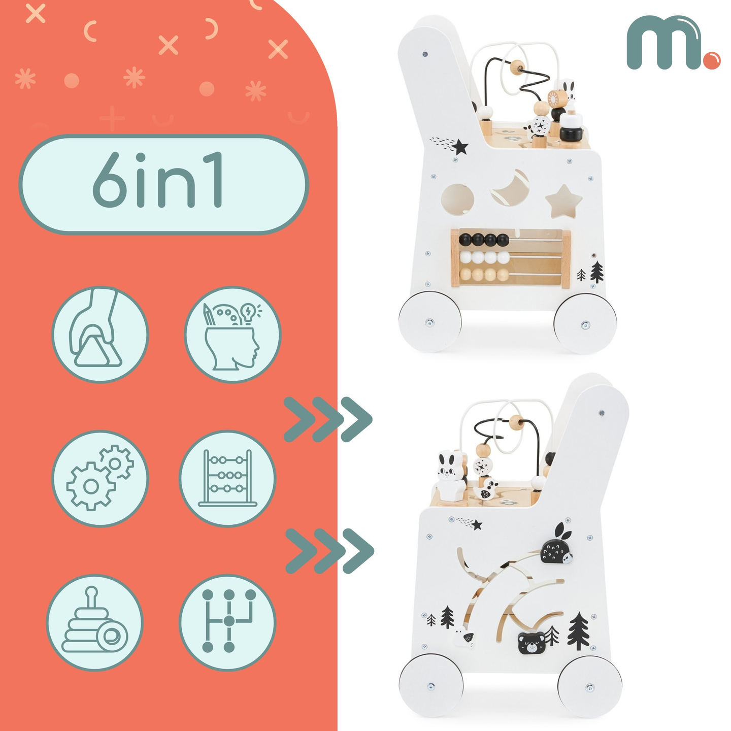 Leseni voziček 6v1, hodulja s funkcijo učne mize