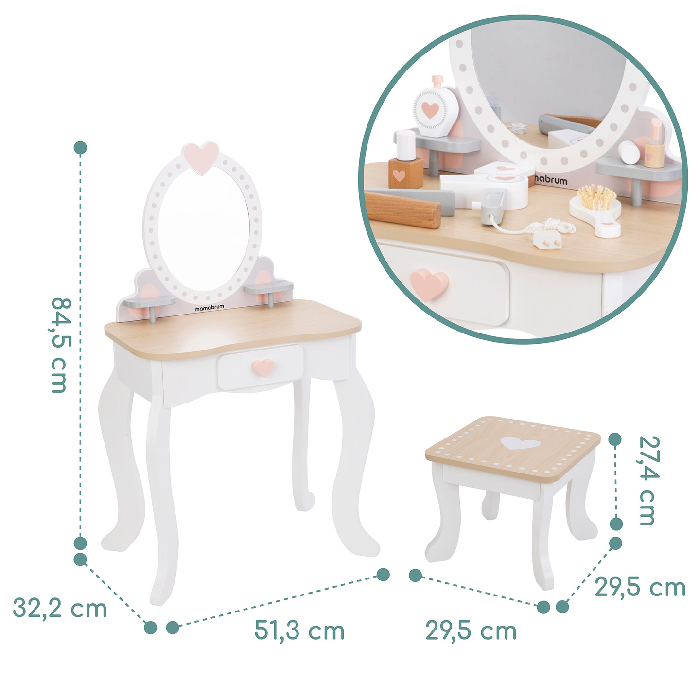 Lesena toaletna mizica s stolčkom in dodatki