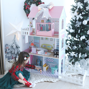 XXL Največja lesena hišica za lutke - 123 cm - LED osvetlitev - terasa, dodatki, vrt