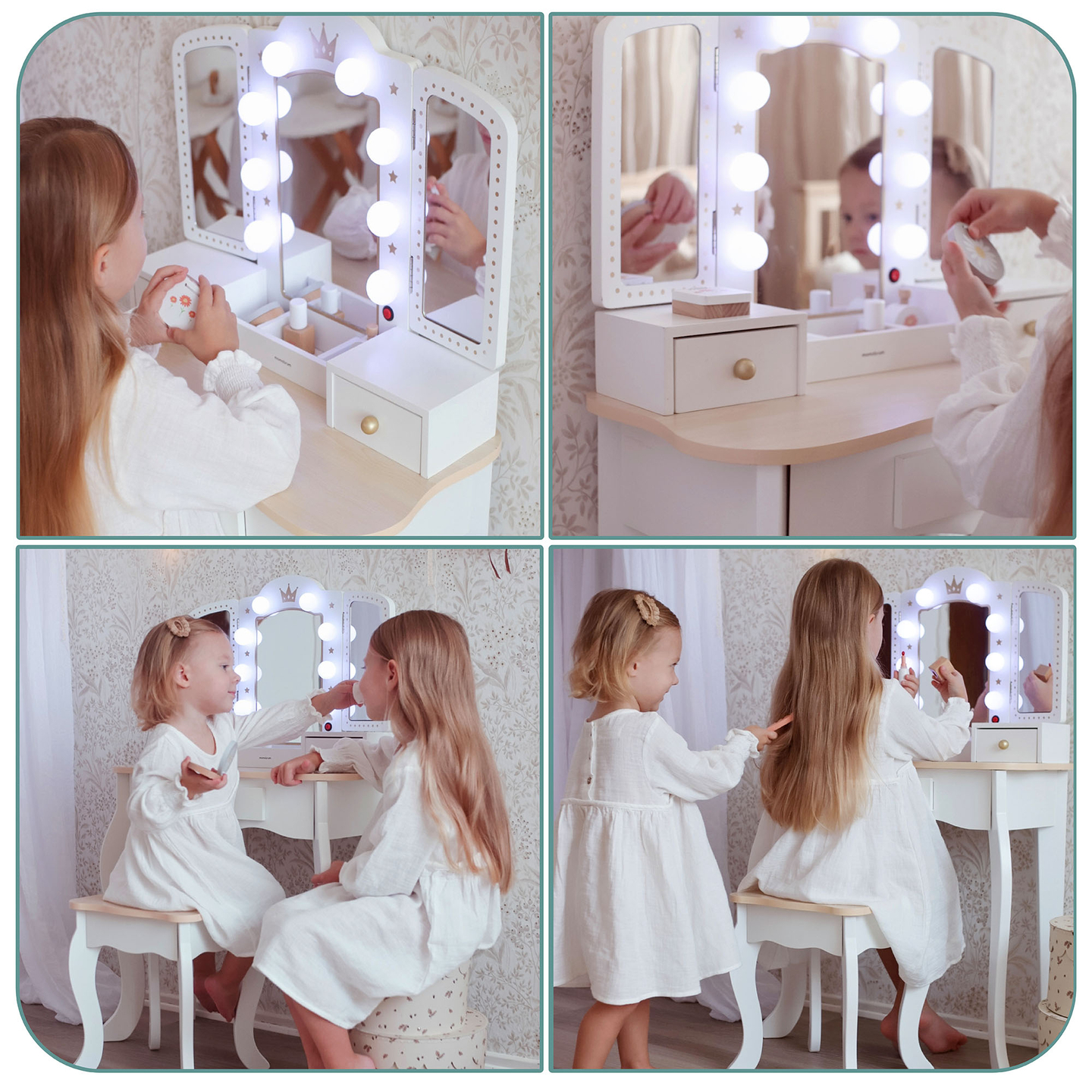 XXL lesena toaletna mizica s stolčkom in LED osvetlitvijo za otroke + dodatki