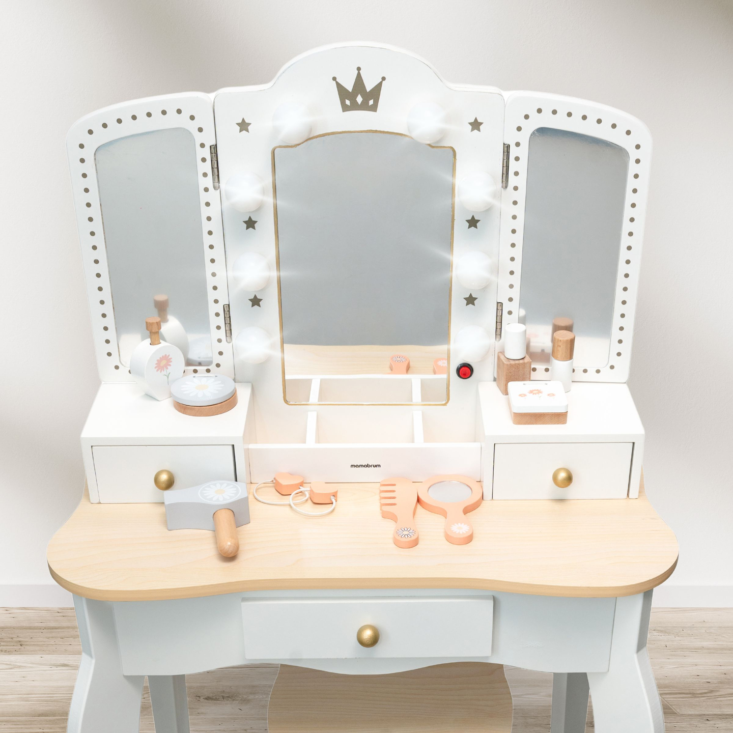 XXL lesena toaletna mizica s stolčkom in LED osvetlitvijo za otroke + dodatki