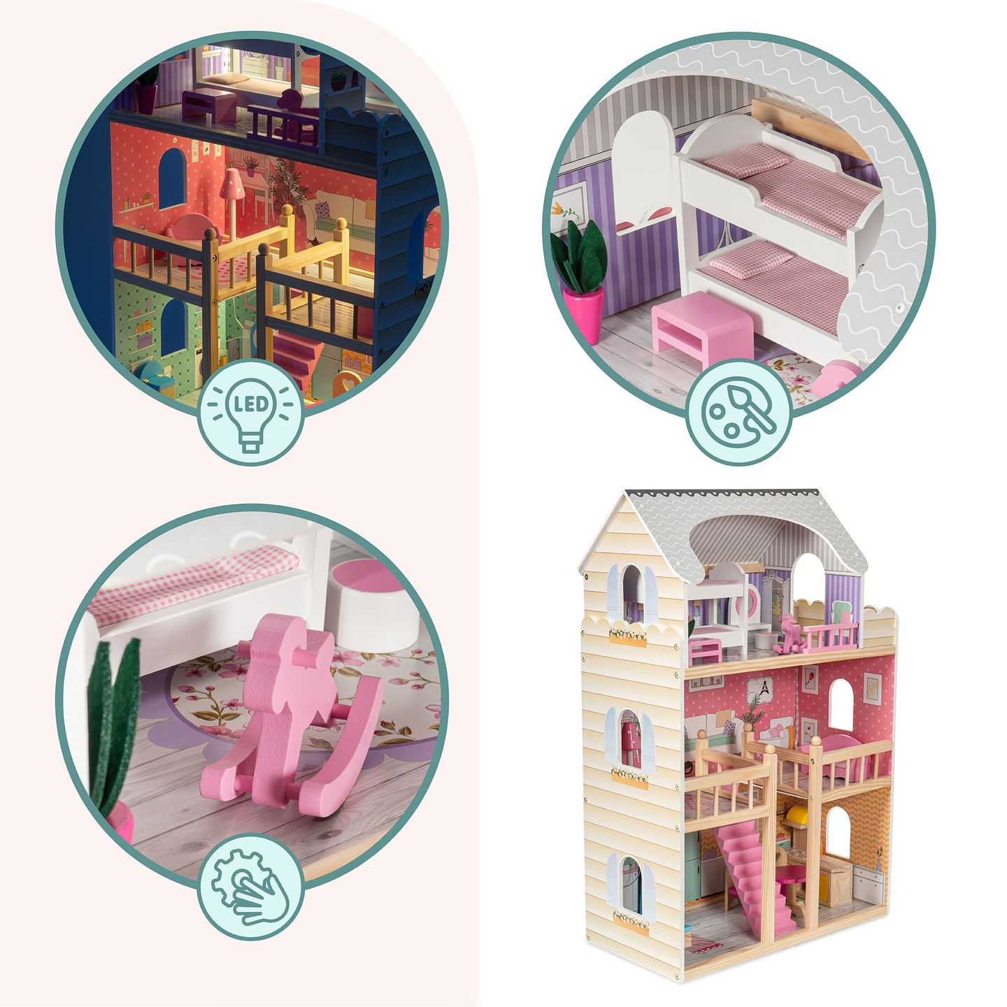 Velika lesena 3-nadstropna hiša za punčke s teraso, pohištvenim kompletom in LED osvetlitvijo!