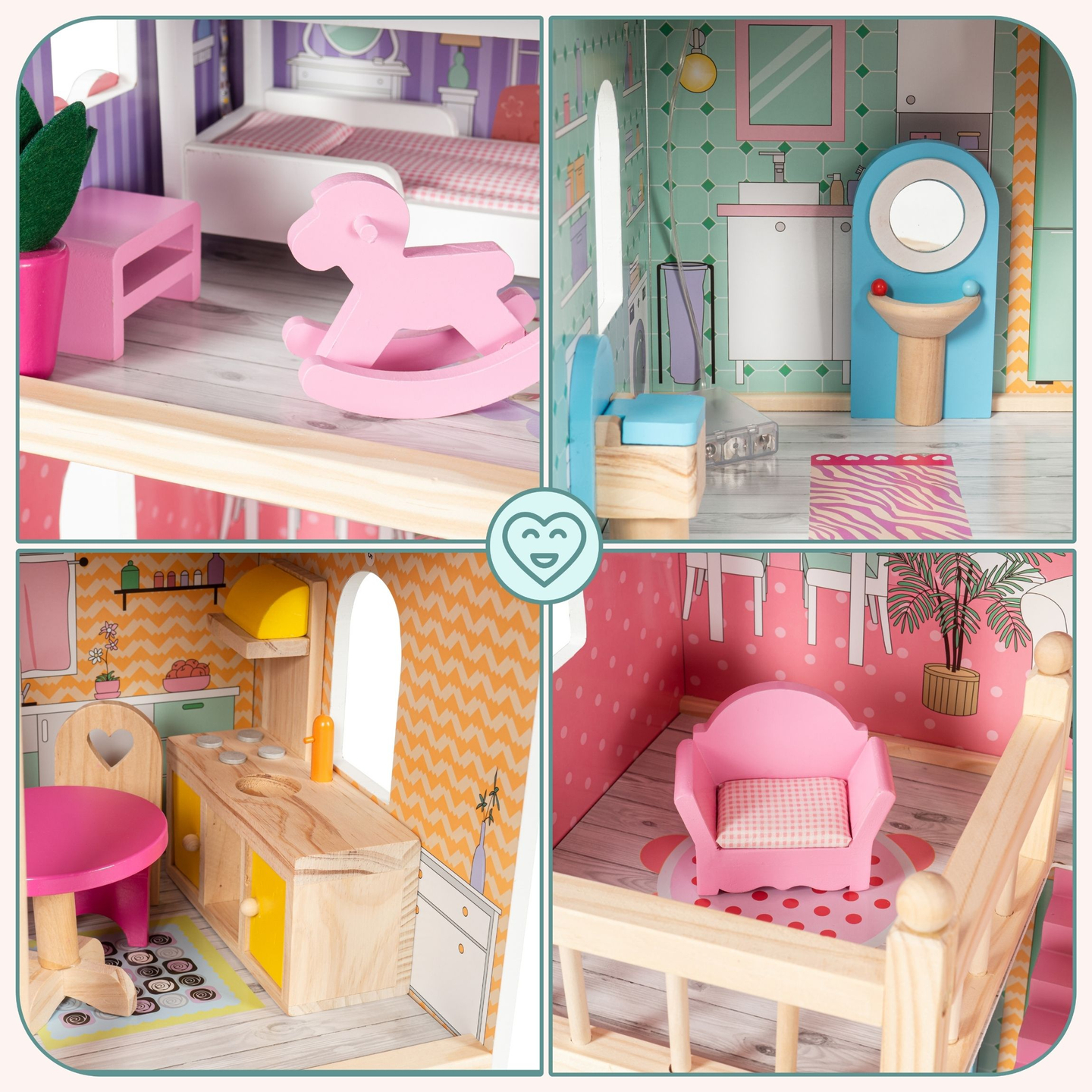 Velika lesena 3-nadstropna hiša za punčke s teraso, pohištvenim kompletom in LED osvetlitvijo!