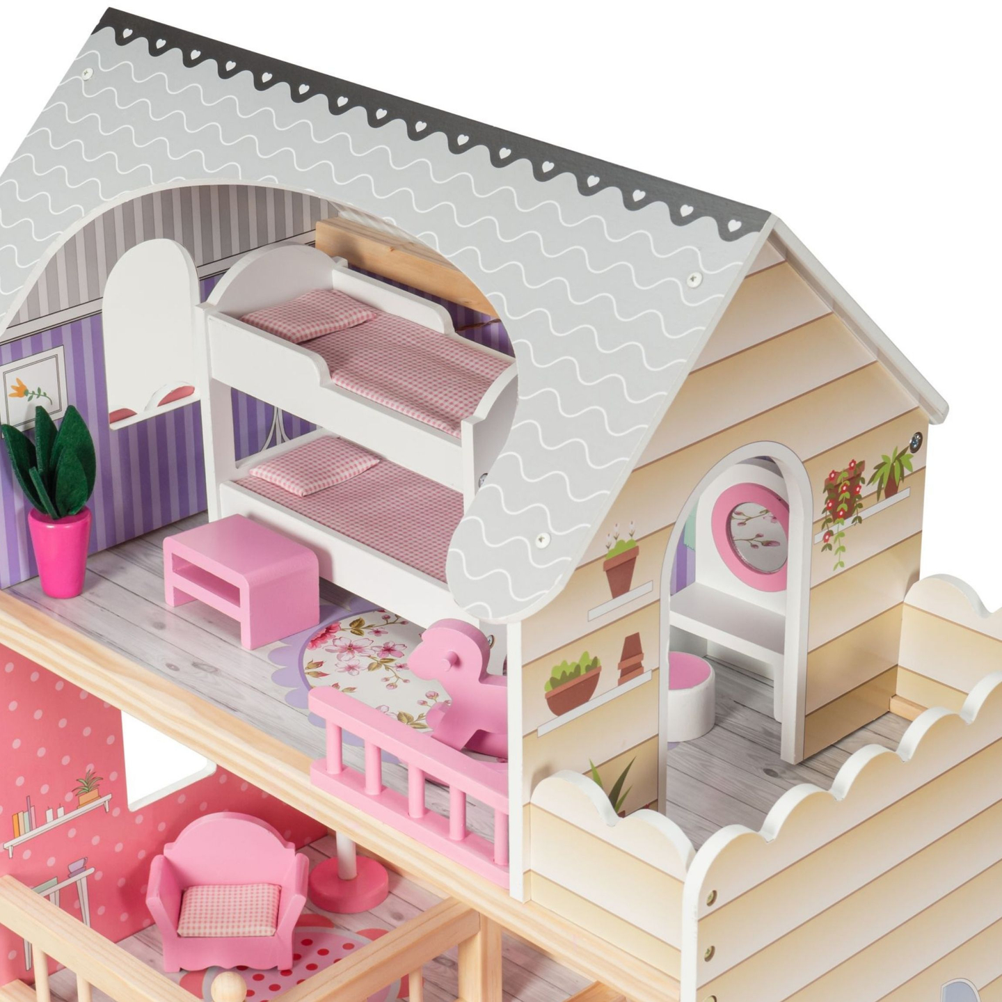Velika lesena 3-nadstropna hiša za punčke s teraso, pohištvenim kompletom in LED osvetlitvijo!