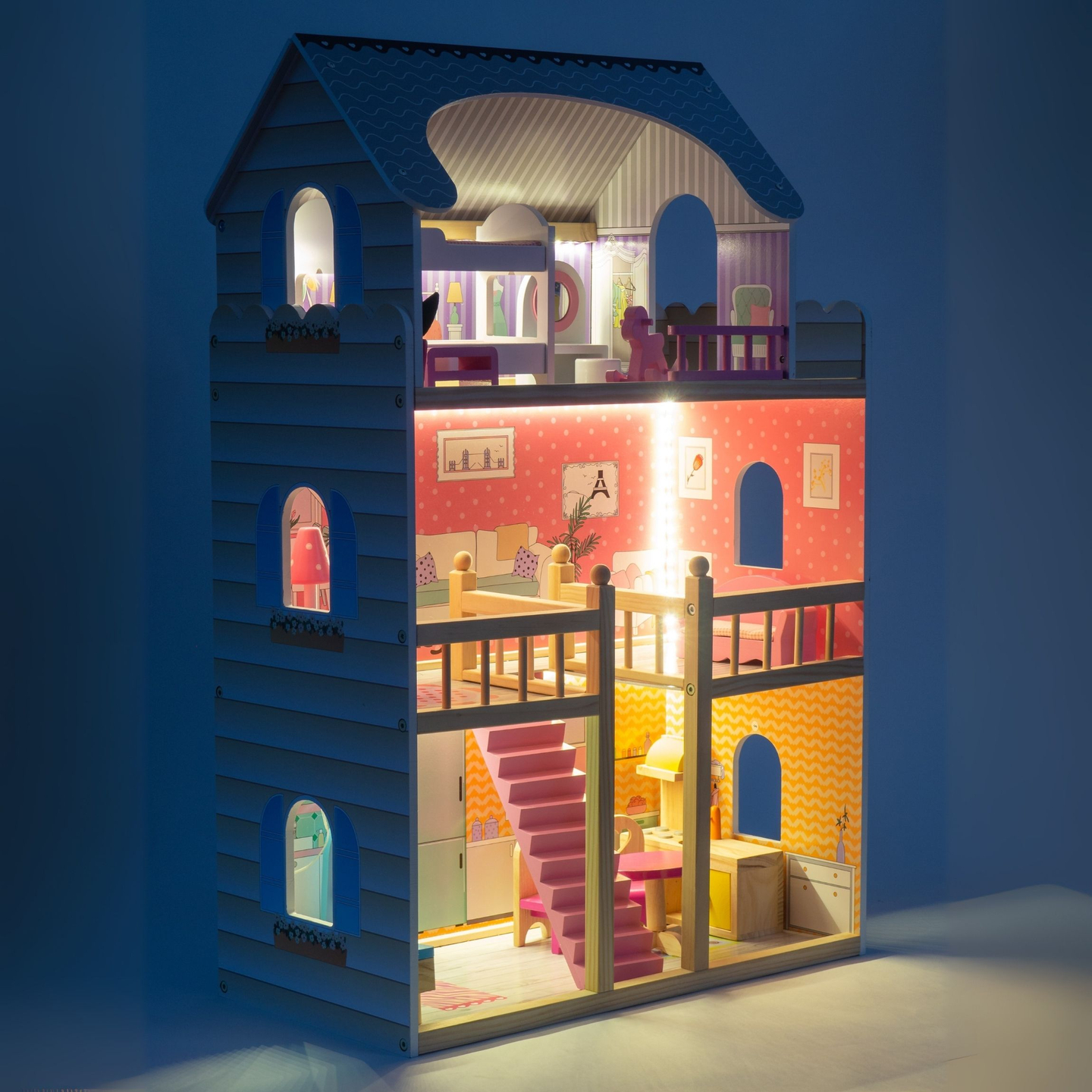 Velika lesena 3-nadstropna hiša za punčke s teraso, pohištvenim kompletom in LED osvetlitvijo!