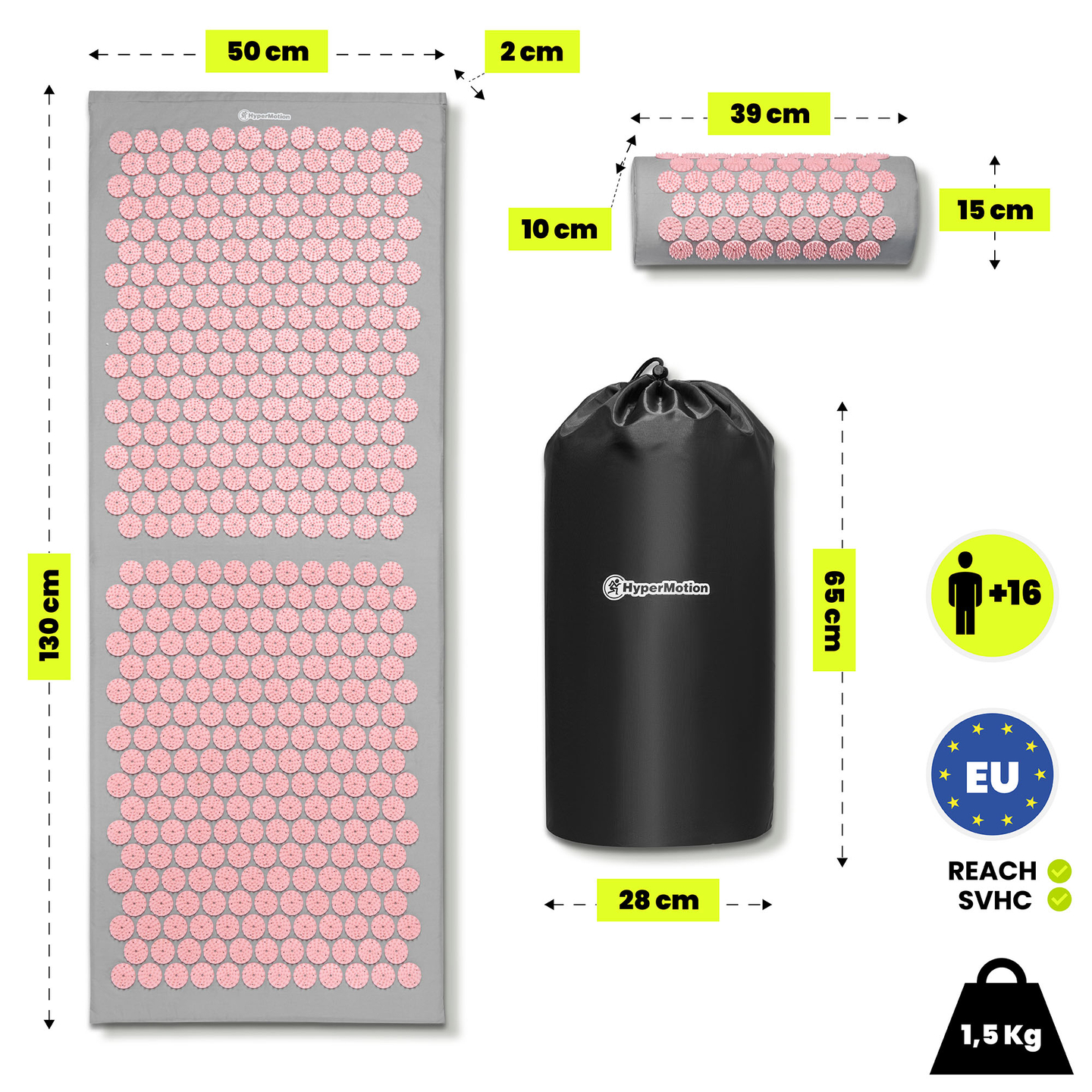 Velika akupresurna podloga z blazino in prevleko - 130 cm HyperMotion siva in roza