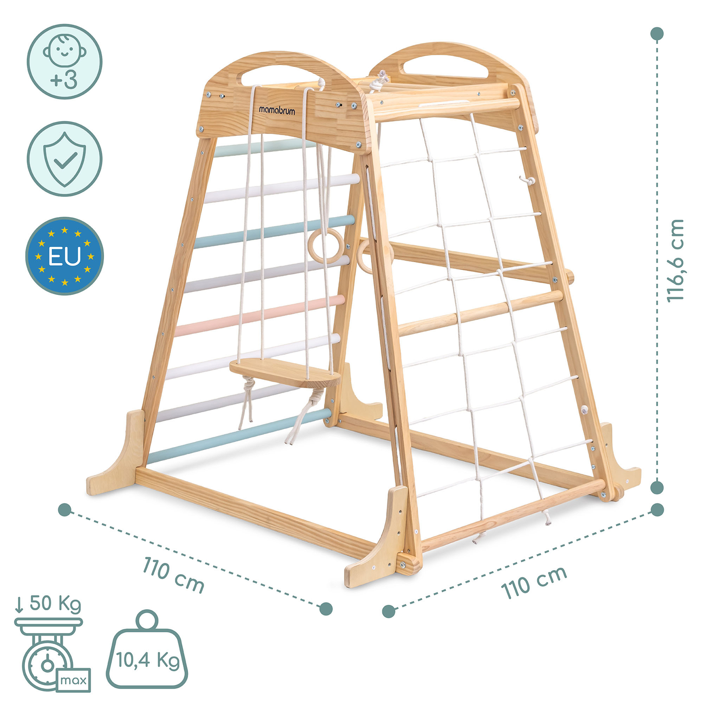 Leseno notranje igrišče z gugalnico, gimnastičnimi obroči in plezalno mrežo
