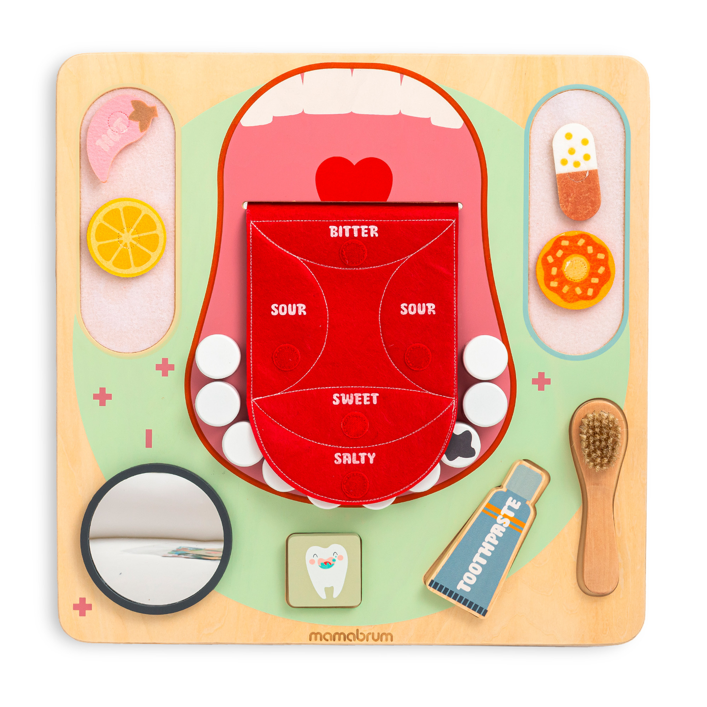 Lesena Montessori izobraževalna tabla Mali zobozdravnik - zobna ščetka, zobna pasta, odstranljivi zobje, ogledalo, hrana, učni okusi