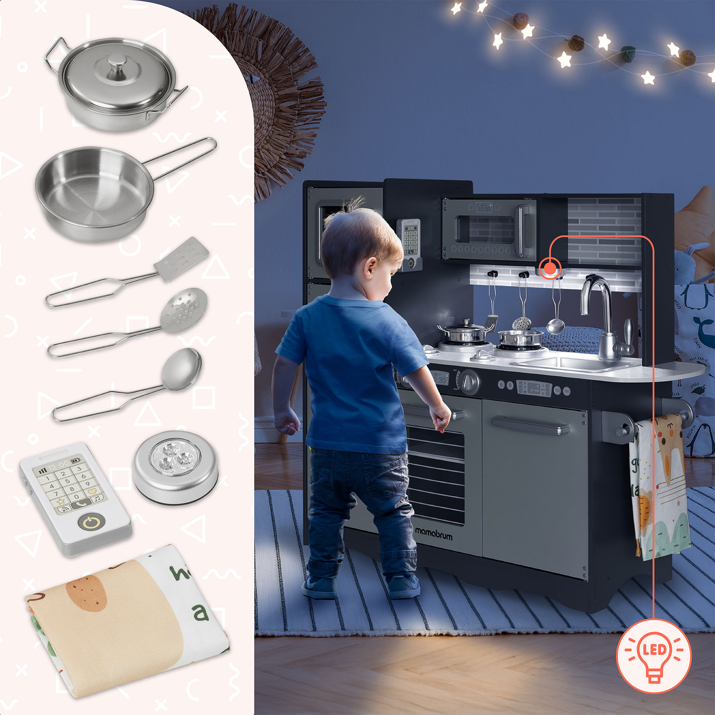 XXL lesena kuhinja z LED osvetlitvijo, predpasnikom in dodatki