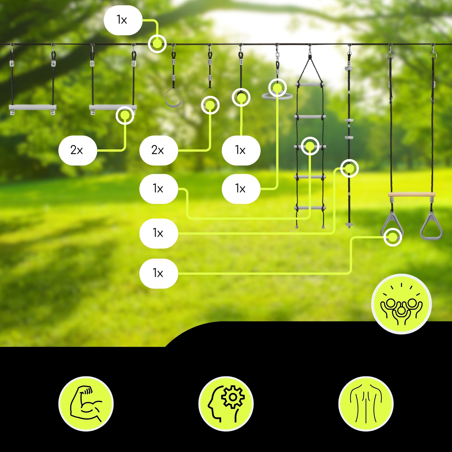 Nindža proga z ovirami za otroke - HyperMotion slackline set - 9 ovir