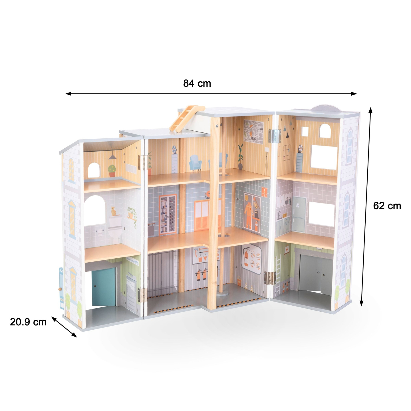 Velika zložljiva gasilska postaja s policijsko postajo - lesen komplet. Gasilska in policijska postaja z dodatki.
