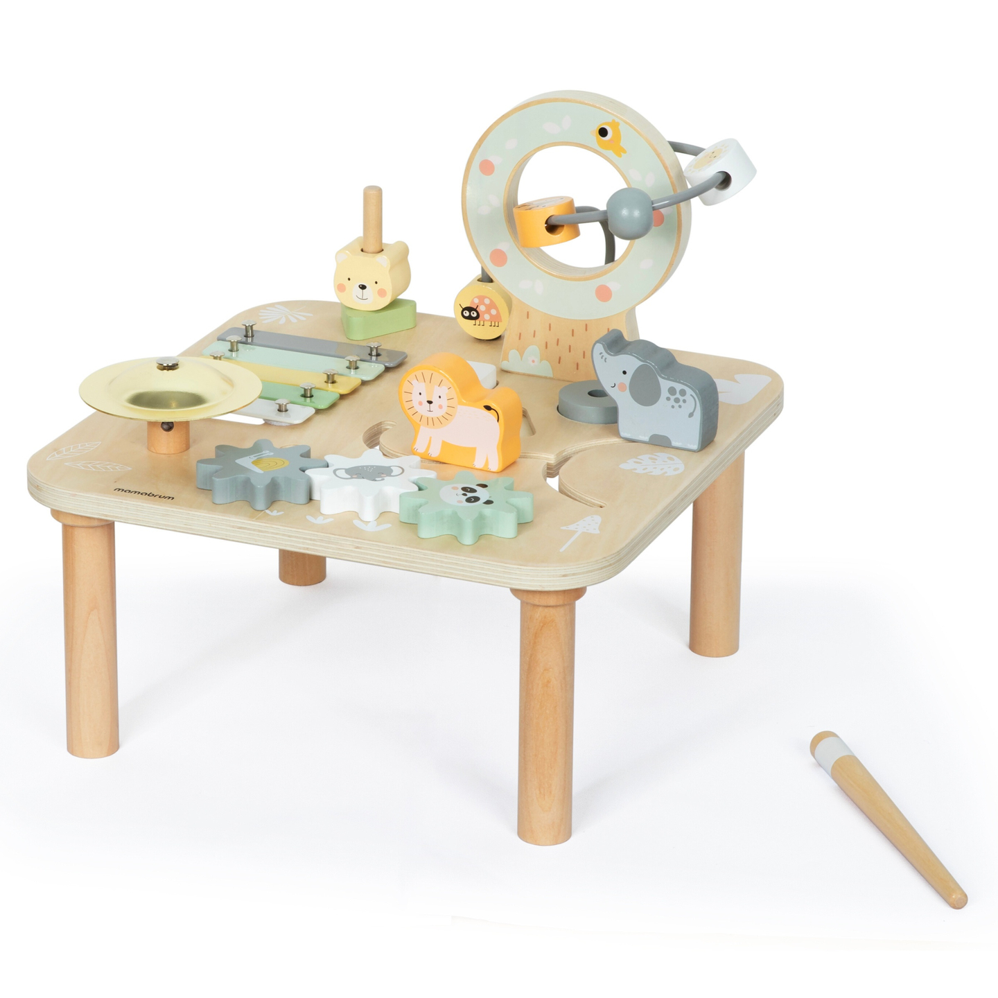 Lesena izobraževalna glasbena miza 7 v 1 s činelami in gongom - divja džungla