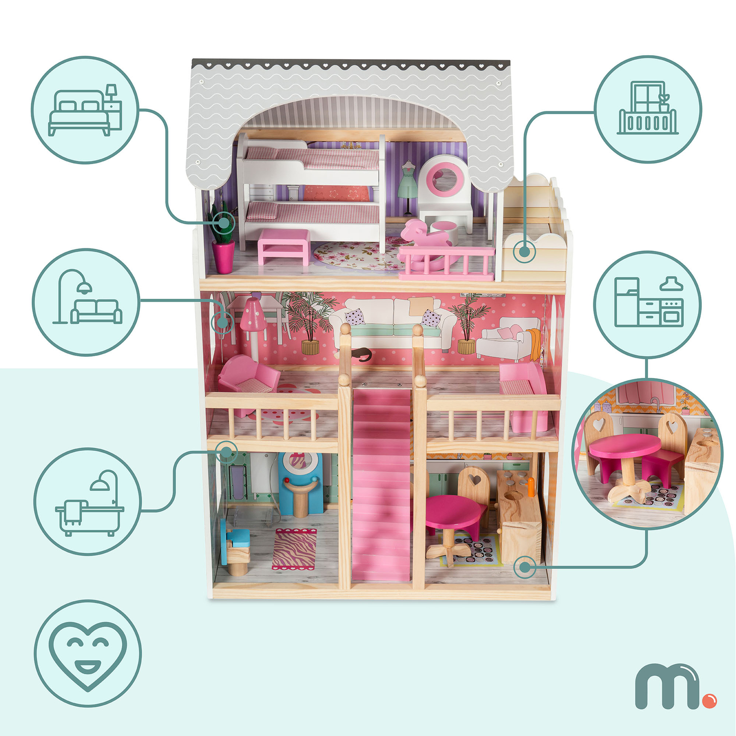 Velika lesena 3-nadstropna hiša za punčke s teraso, pohištvenim kompletom in LED osvetlitvijo!