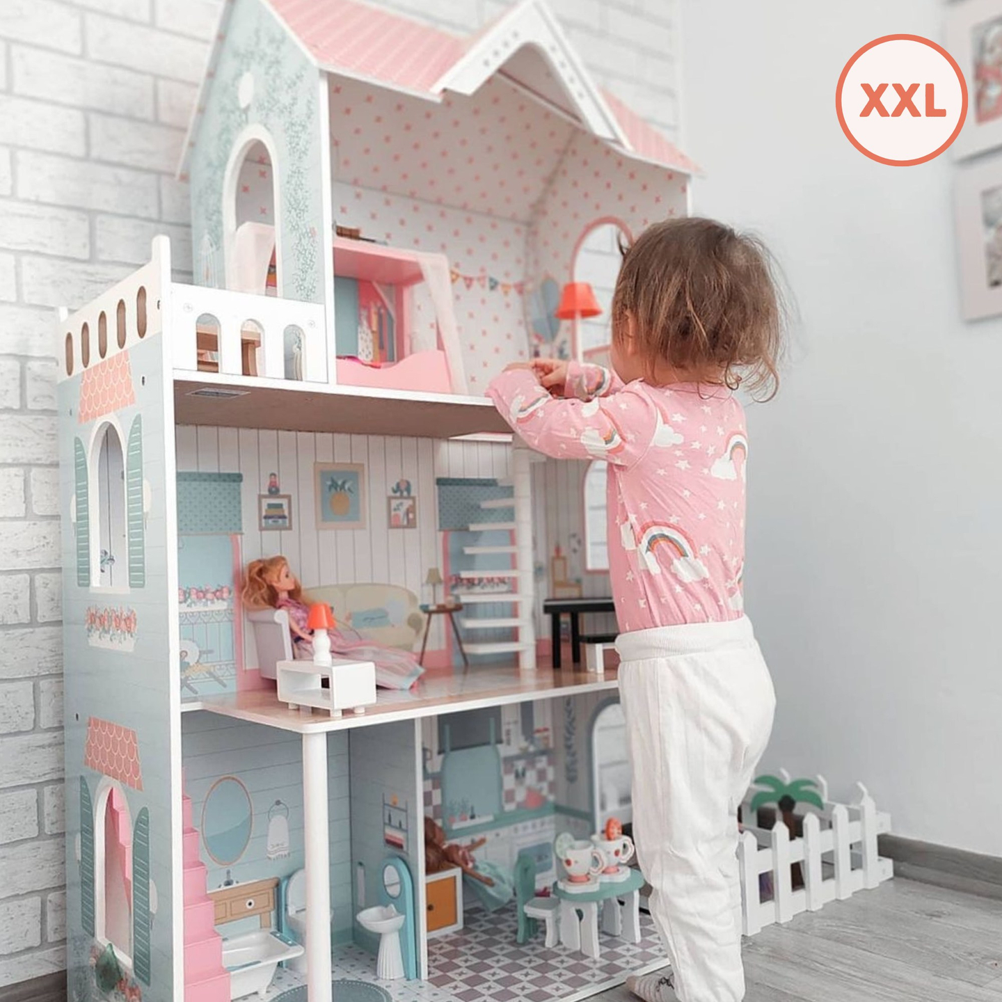 XXL Največja lesena hišica za lutke - 123 cm - LED osvetlitev - terasa, dodatki, vrt