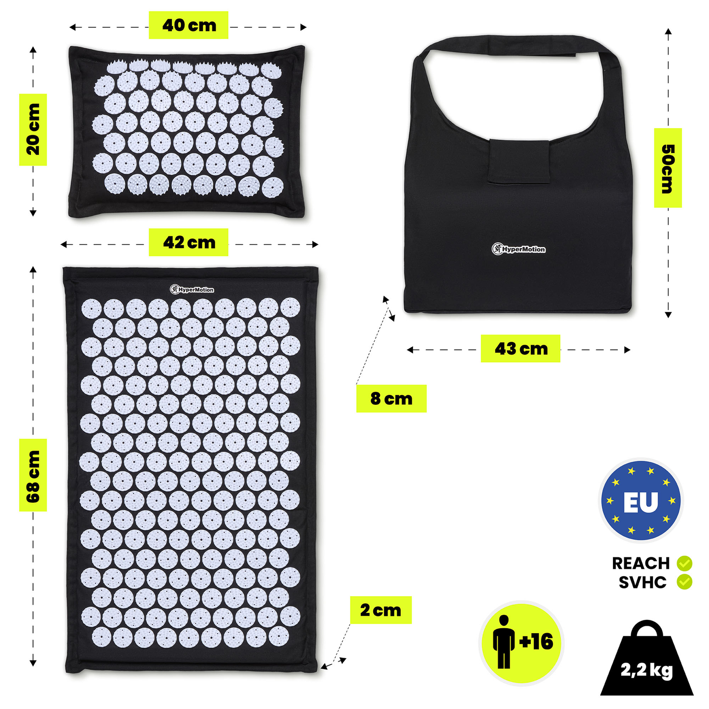 EKO lanena akupresurna podloga s kokosovimi vlakni in ajdovo blazino – 68 cm HyperMotion črno-bela