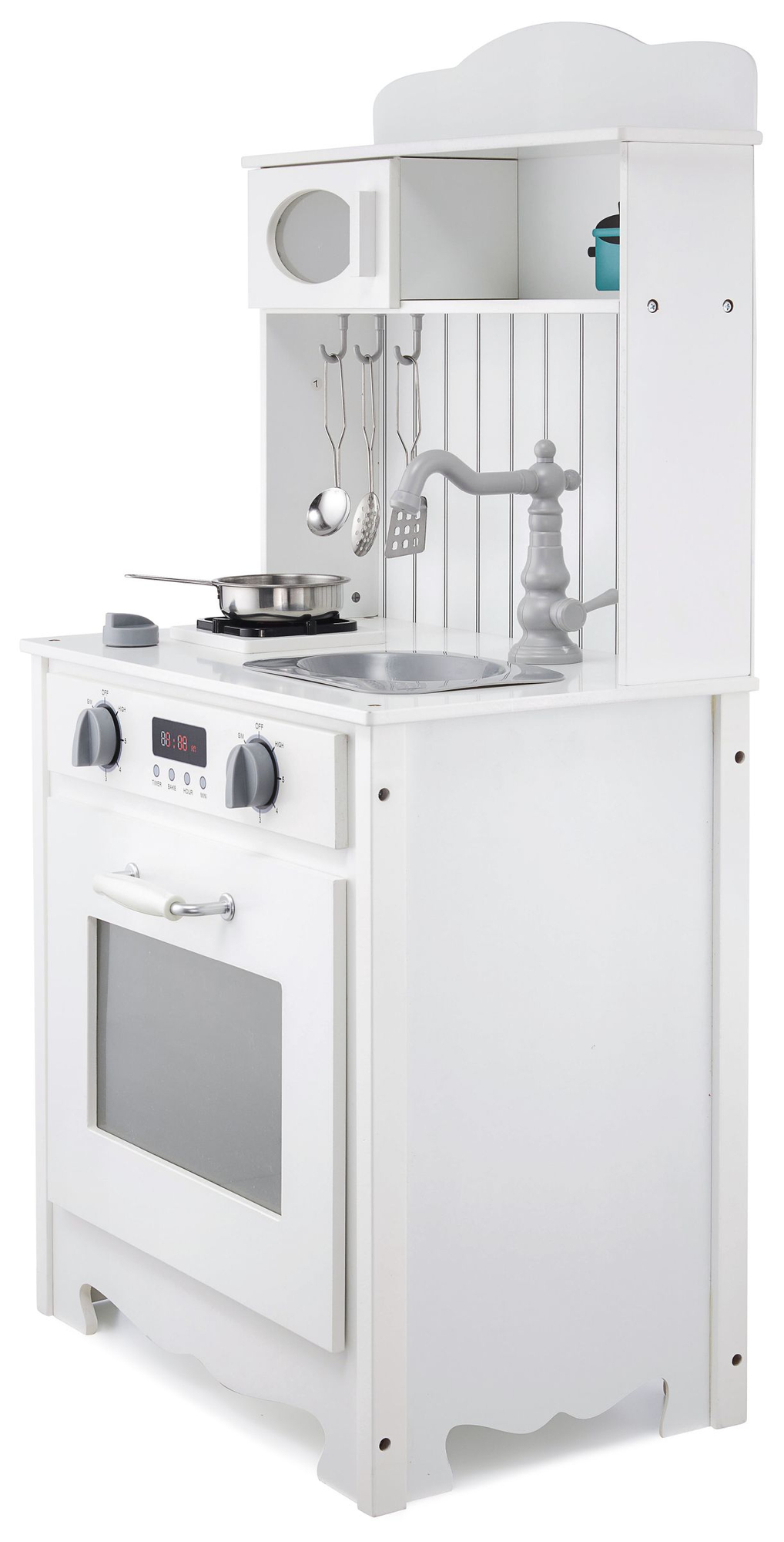 Bela lesena kuhinja s predpasnikom, dodatki in svetilko LED