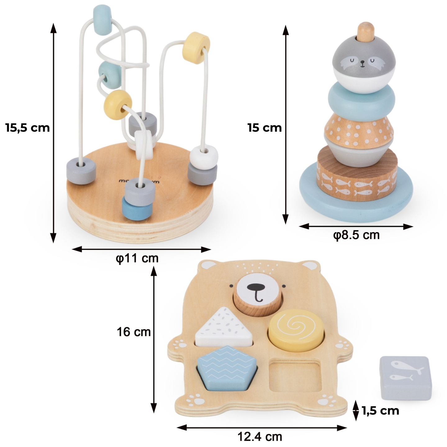 Komplet lesenih igrač - pisano prepletanje, piramida iz tjulnjev, sortirnik za medvedke