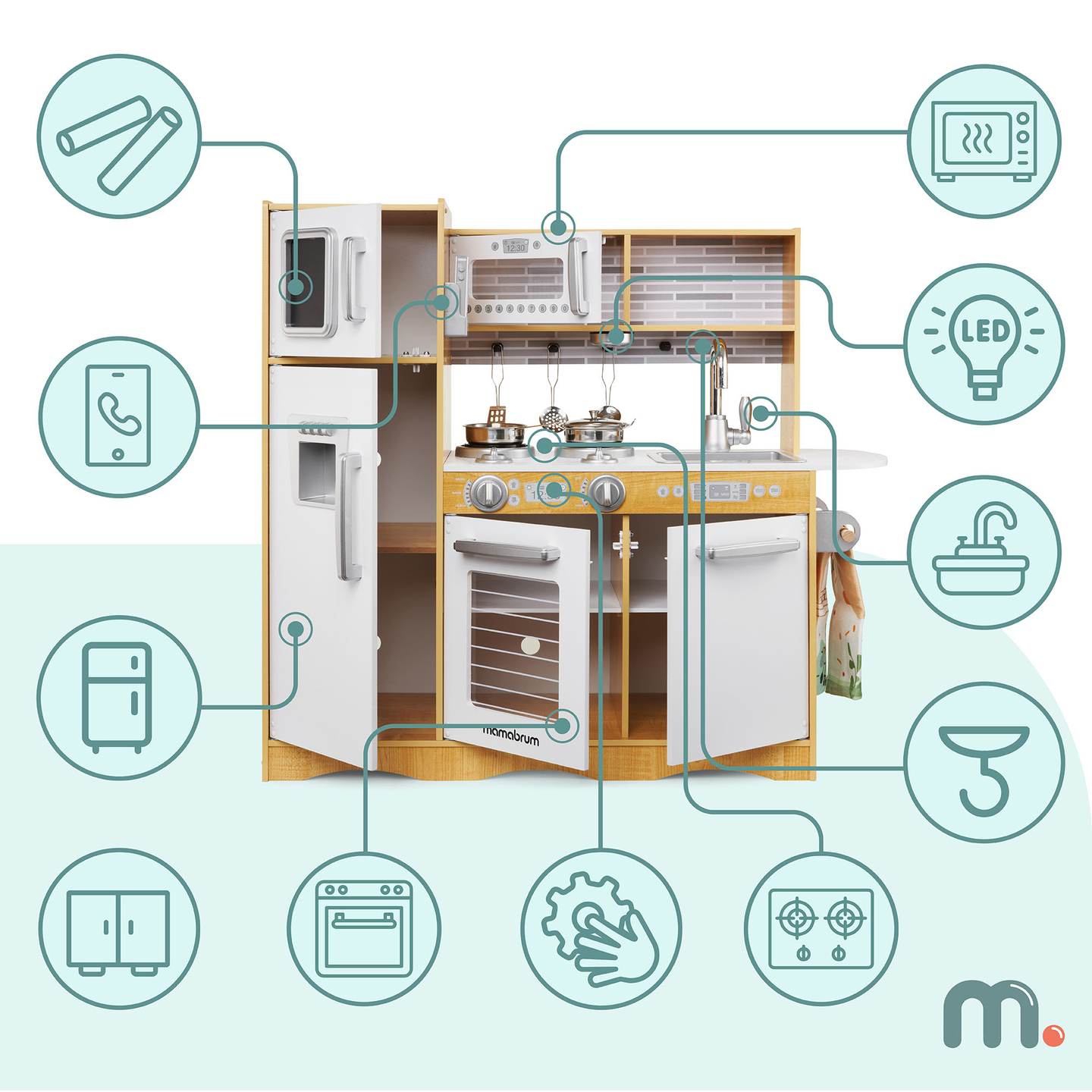 XXL lesena kuhinja z LED osvetlitvijo, predpasnikom in dodatki