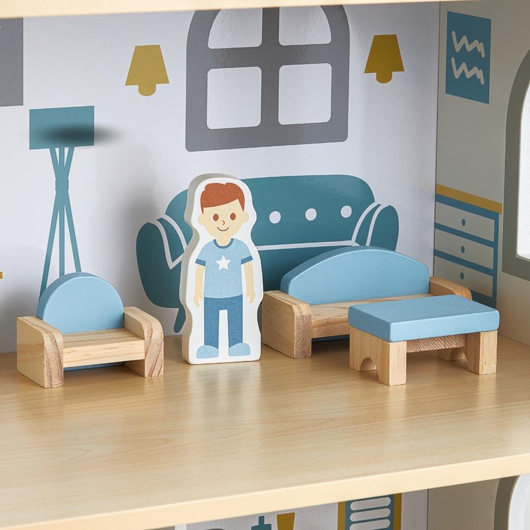 Bela lesena hišica za lutke s teraso in dodatki