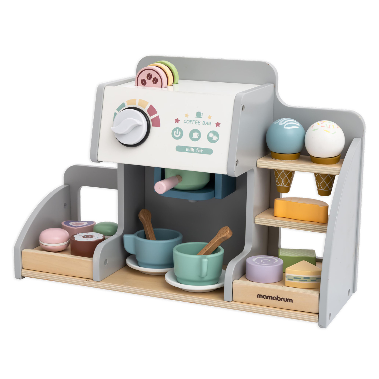 Velika lesena sladoledarna z magnetno tablo, aparatom za kavo ter setom za sladoled in sladice - več kot 70 kosov!