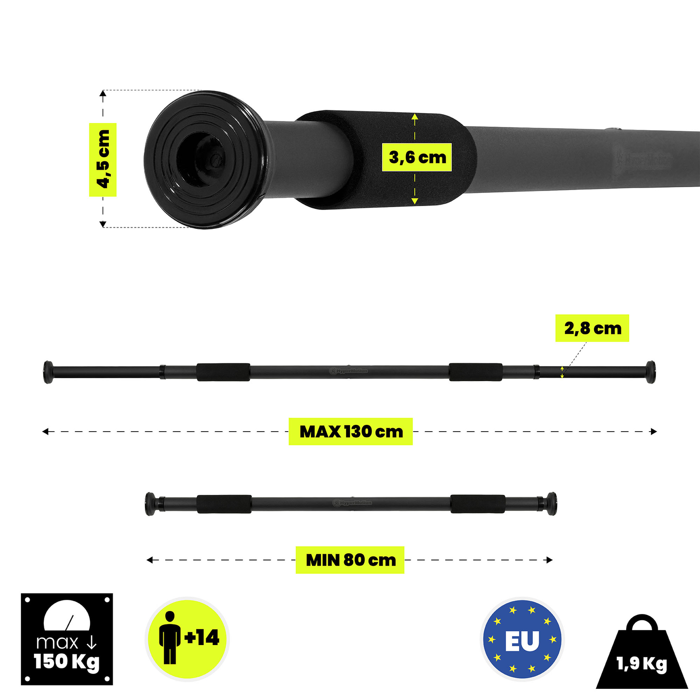 Nastavljiva palica za dvigovanje HyperMotion 80–130 cm, 150 kg, črna