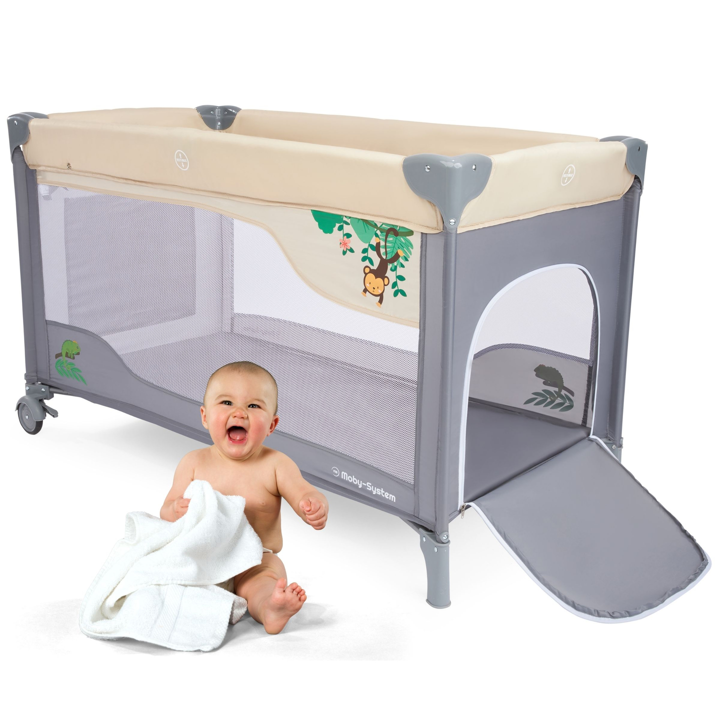 Potovalna posteljica 0 - 36 m s previjalno mizo + ograja Moby-System HUXLEY