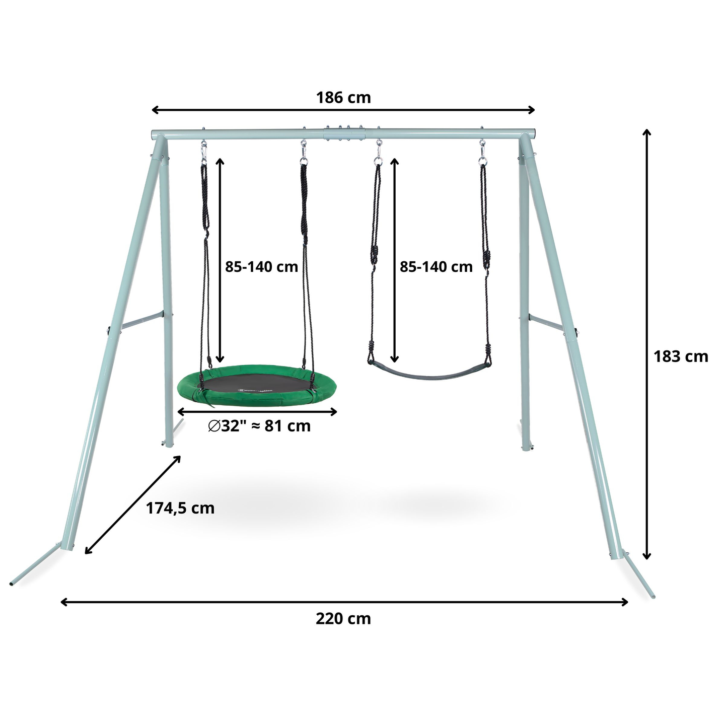 Dvojna vrtna gugalnica z okvirjem in vrvmi - sedež in gnezdo štorklje