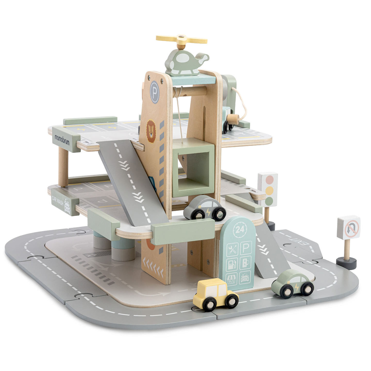 Lesena, trinadstropna garaža za otroke z dodatki – parkirišče, bencinska črpalka, avtopralnica, helikopter