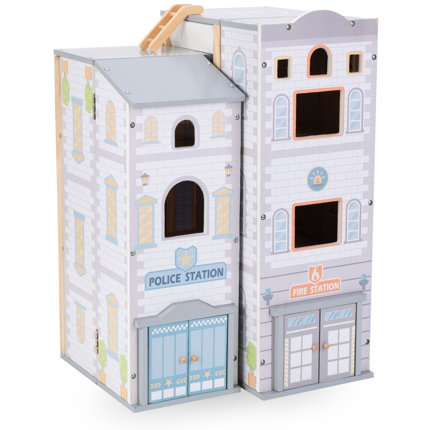 Velika zložljiva gasilska postaja s policijsko postajo - lesen komplet. Gasilska in policijska postaja z dodatki.