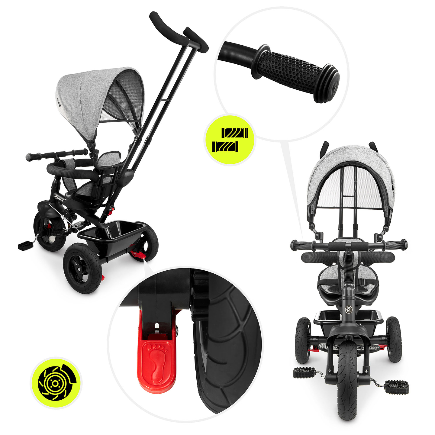 Tricikel za otroke od 1 do 4 let - TOBI FREY - siva barva - vrtljiv - kolesa s črpalko + tlačilka