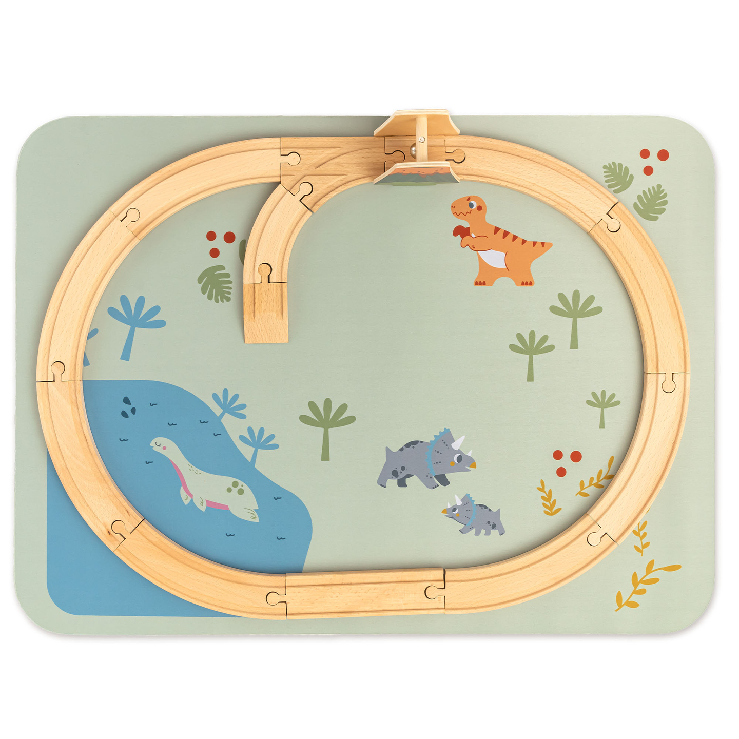 Lesen vlak Dino Park z nedrsečo podlogo - dinozavri, vlak, tiri, vulkan, zvonec