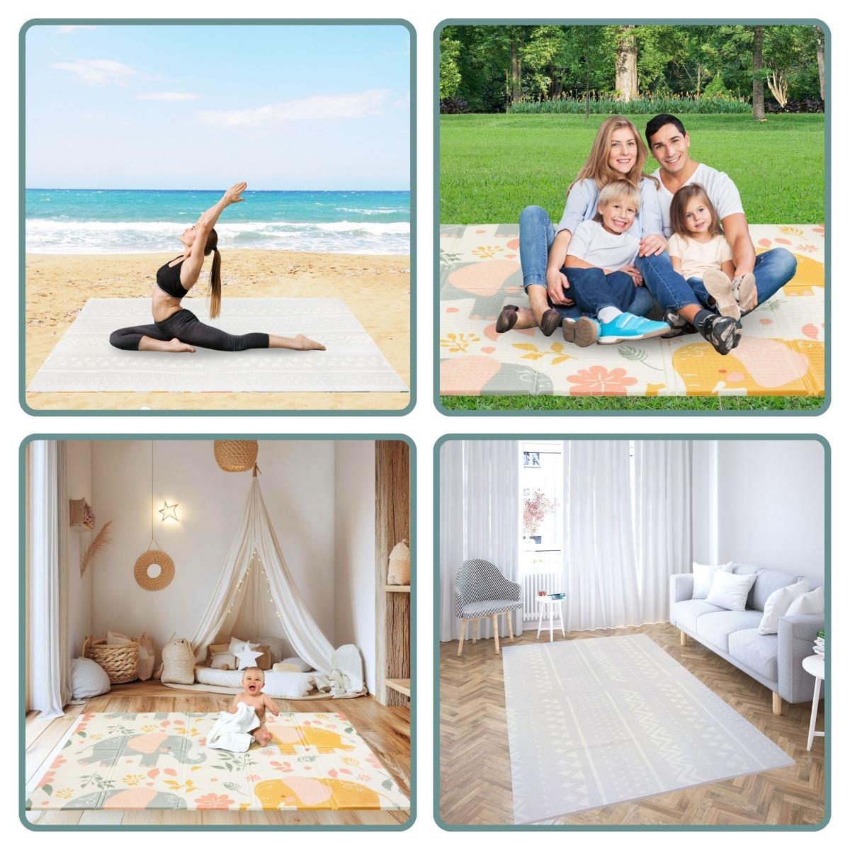 Dvostranska zložljiva podloga iz pene 180 x 120 x 1 cm - Eksotični sloni/nežno siva