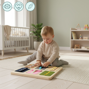 Lesena Montessori manipulativna tabla – senzorično učenje samostojnosti – vezalke, zaponke, gumbi, gumbi za zadrgo