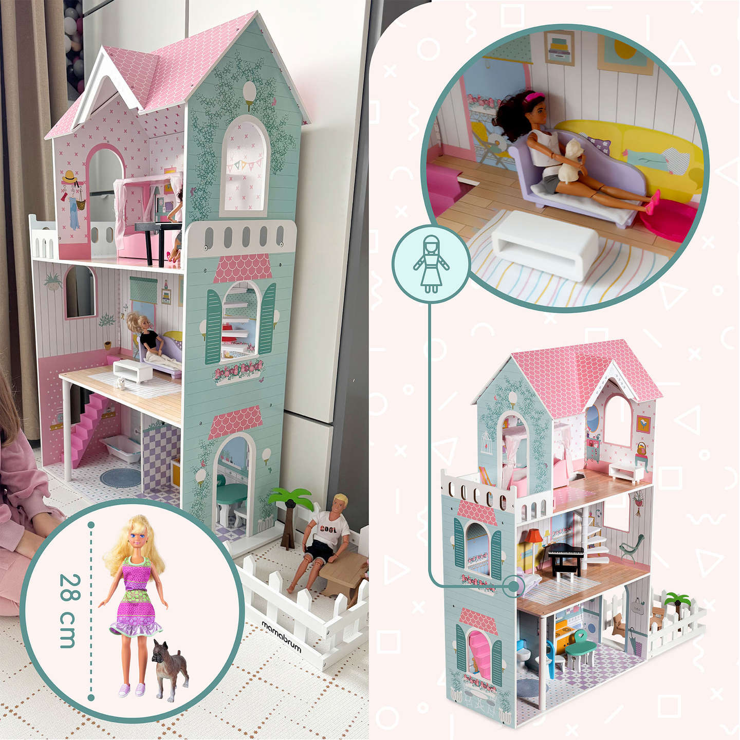 XXL Največja lesena hišica za lutke - 123 cm - LED osvetlitev - terasa, dodatki, vrt