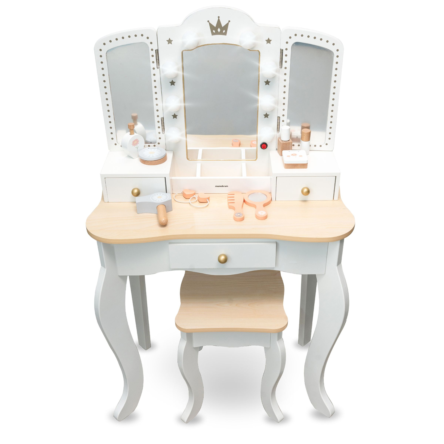 XXL lesena toaletna mizica s stolčkom in LED osvetlitvijo za otroke + dodatki